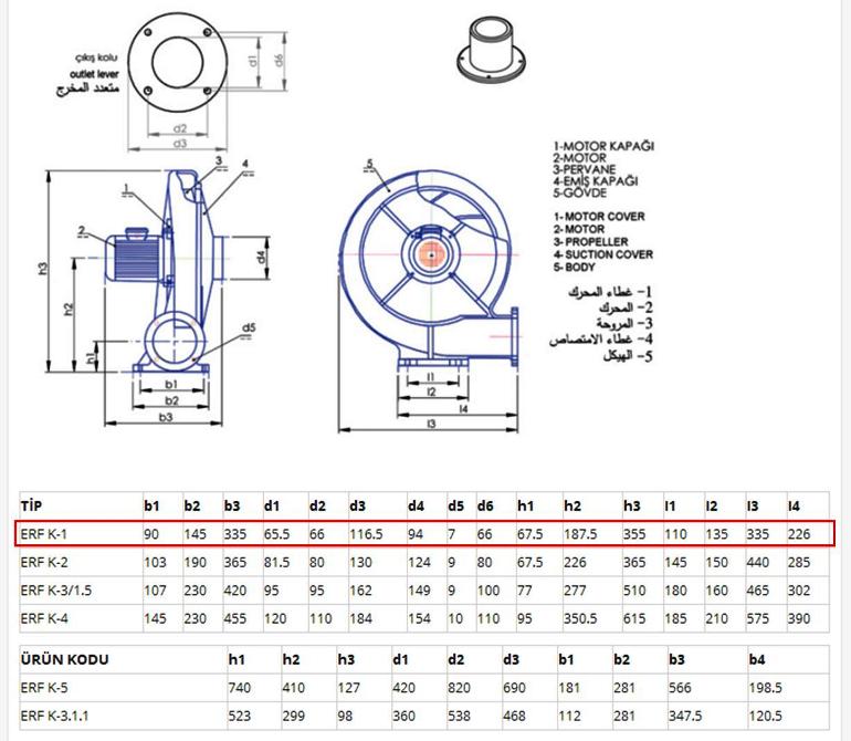 ERF ERF-K-1 Aluminyum Govdeli Yuksek Basincli Koruk Fan Teknik Cizimi